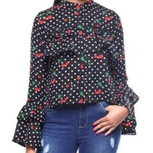 True Destiny Cherry Blouse Black/Red White Dots Flare Sleeve M Front Button Down